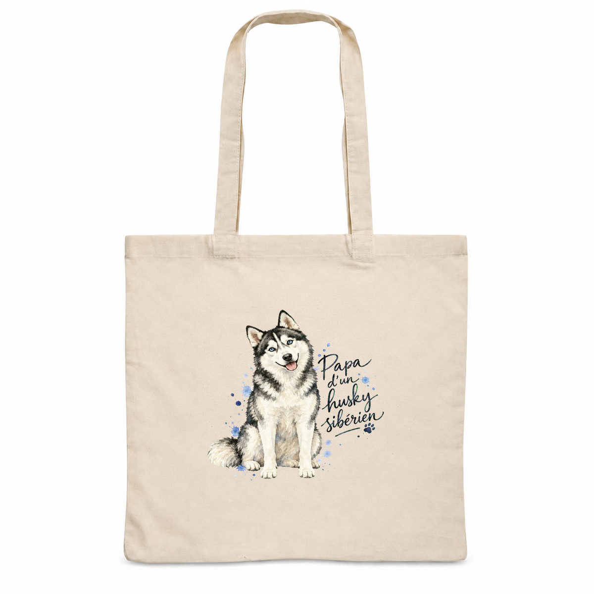 Tote bag husky sibérien « Papa d'un husky sibérien » Essentiel, sac plat en coton naturel 140 g/m² de 38 × 42 cm, portrait à l'aquarelle d'un husky sibérien aux yeux bleus assis