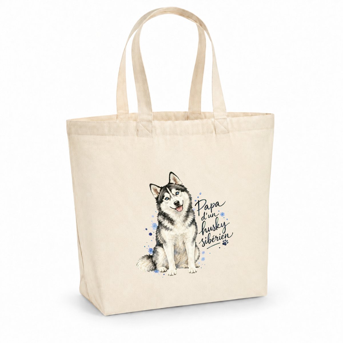 Tote bag husky sibérien « Papa d'un husky sibérien » Premium, cabas à soufflet en coton naturel 200 g/m² de 18 litres, portrait à l'aquarelle d'un husky sibérien aux yeux bleus assis