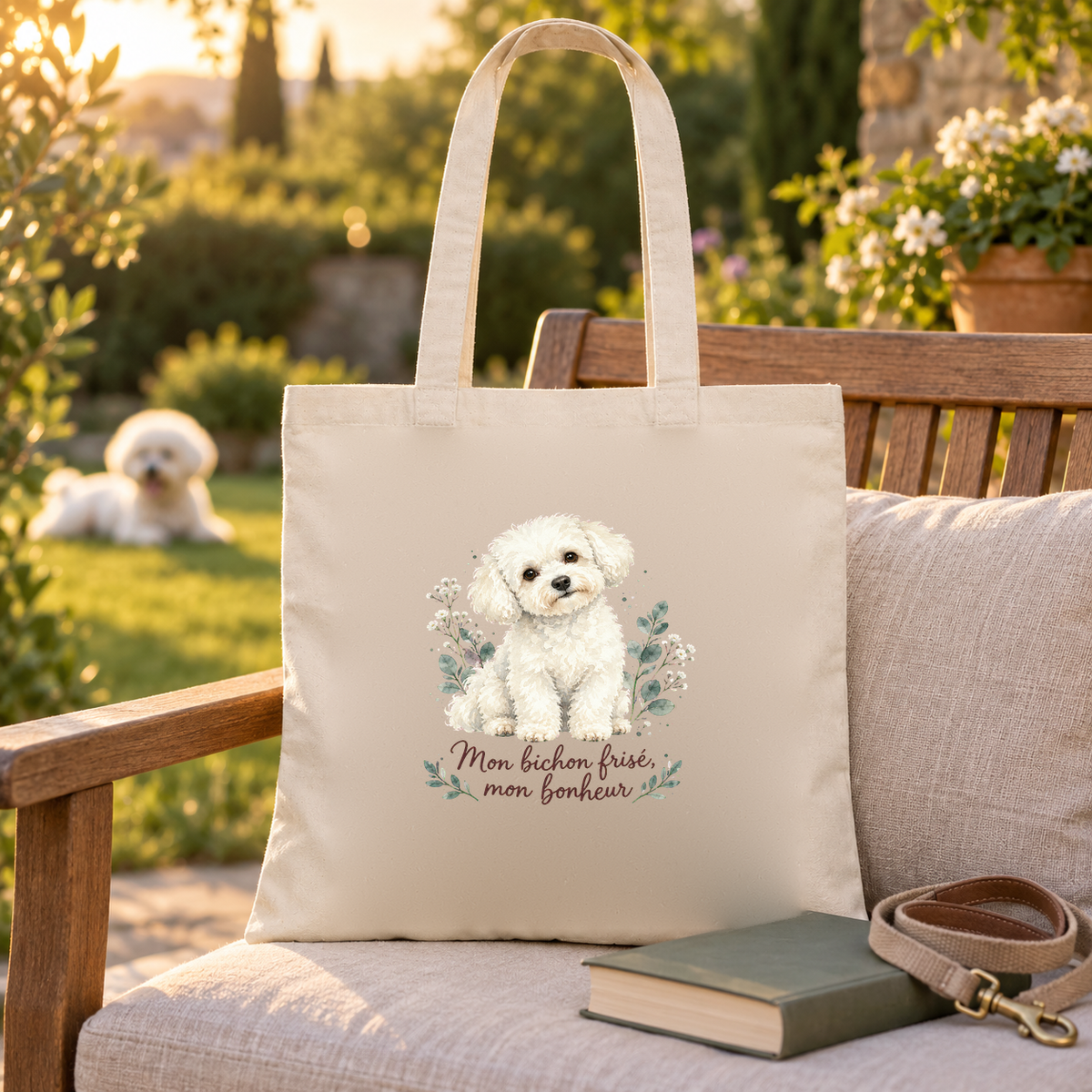 Tote bag bichon frisé « Mon bichon frisé, mon bonheur » Essentiel posé sur un fauteuil de jardin, à côté d'un livre et d'une laisse