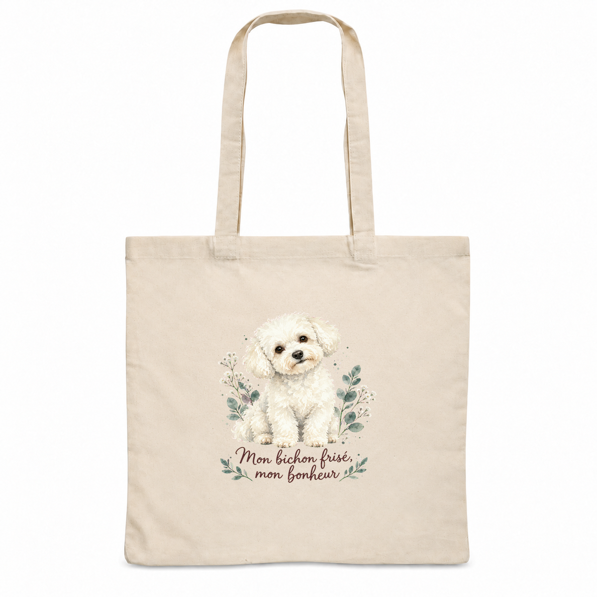 Tote bag bichon frisé « Mon bichon frisé, mon bonheur » Essentiel, sac plat en coton naturel 140 g/m² de 38 × 42 cm, portrait à l'aquarelle d'un bichon frisé blanc assis