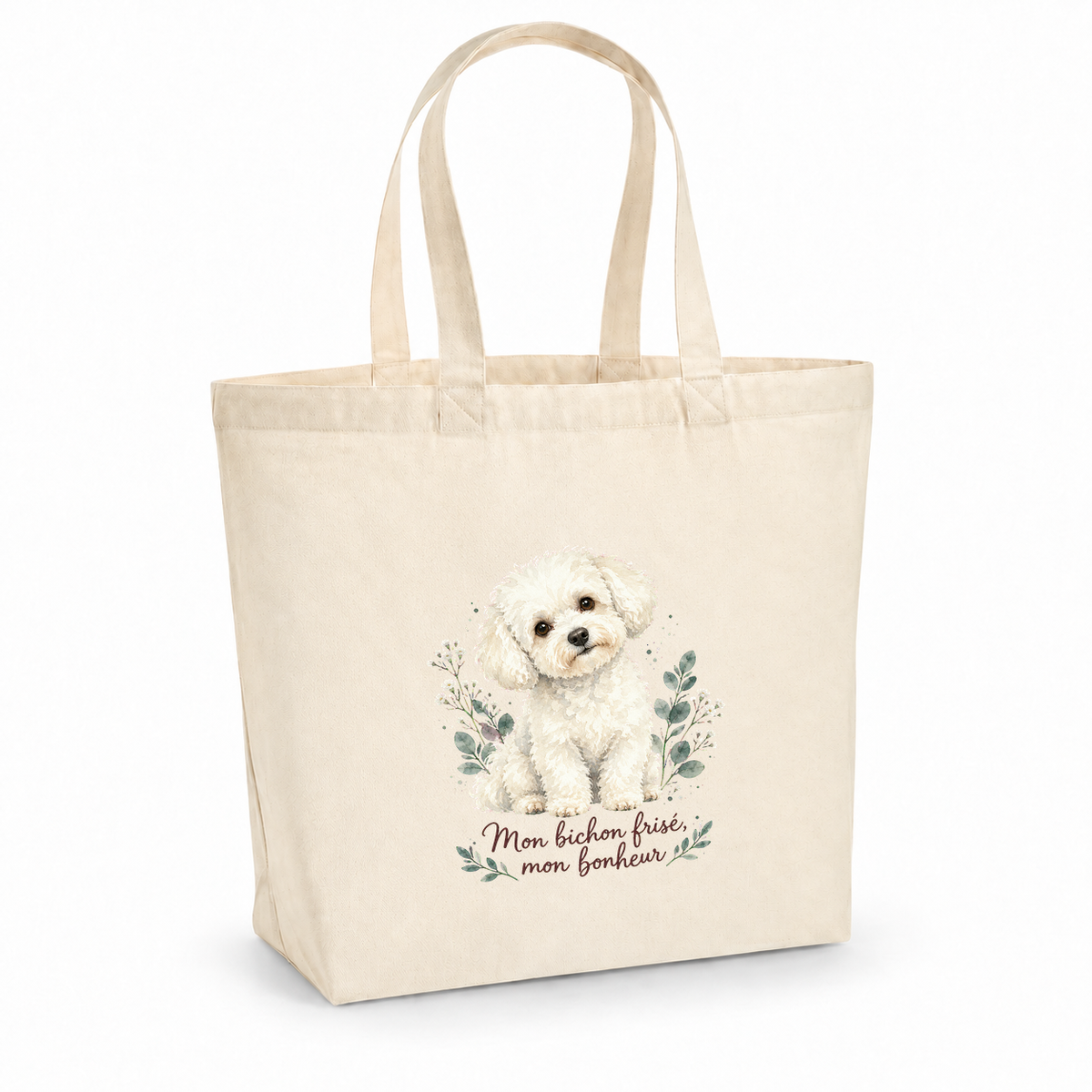Tote bag bichon frisé « Mon bichon frisé, mon bonheur » Premium, cabas à soufflet en coton naturel 200 g/m² de 18 litres, portrait à l'aquarelle d'un bichon frisé blanc assis