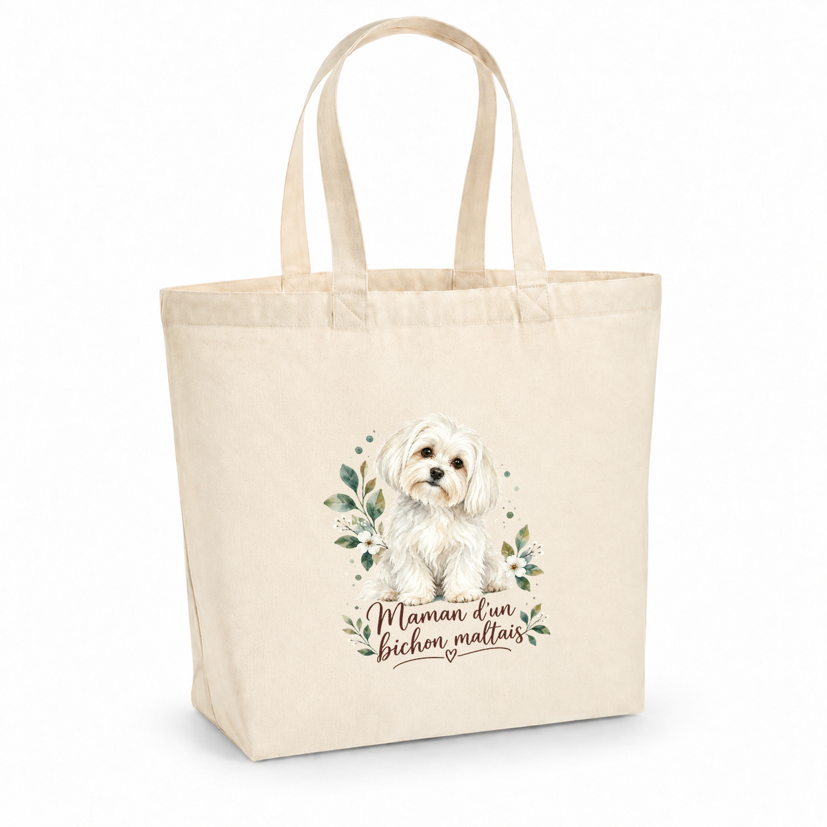 Tote bag bichon maltais « Maman d'un bichon maltais » Premium, cabas à soufflet en coton naturel 200 g/m² de 18 litres, portrait à l'aquarelle d'un bichon maltais blanc assis