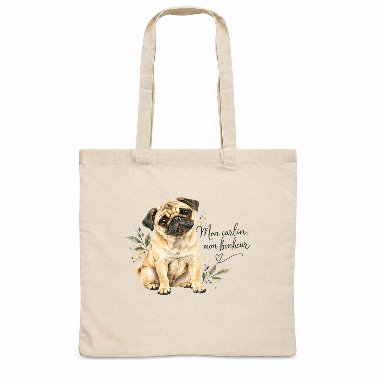 Tote bag carlin « Mon carlin, mon bonheur » Essentiel, sac plat en coton naturel 140 g/m² de 38 × 42 cm, portrait à l'aquarelle d'un carlin fauve assis