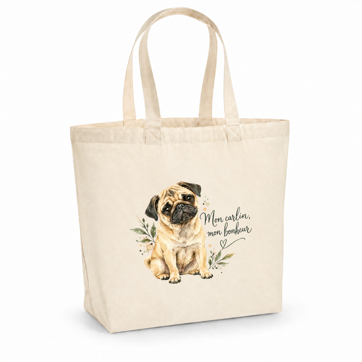 Tote bag carlin « Mon carlin, mon bonheur » Premium, cabas à soufflet en coton naturel 200 g/m² de 18 litres, portrait à l'aquarelle d'un carlin fauve assis