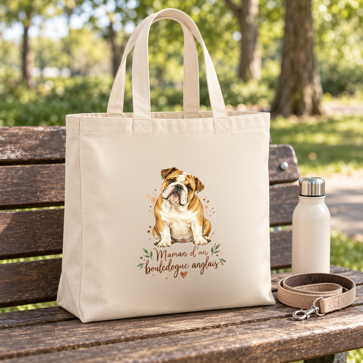 Tote bag bouledogue anglais « Maman d'un bouledogue anglais » Premium posé sur un banc de parc, à côté d'une gourde et d'une laisse