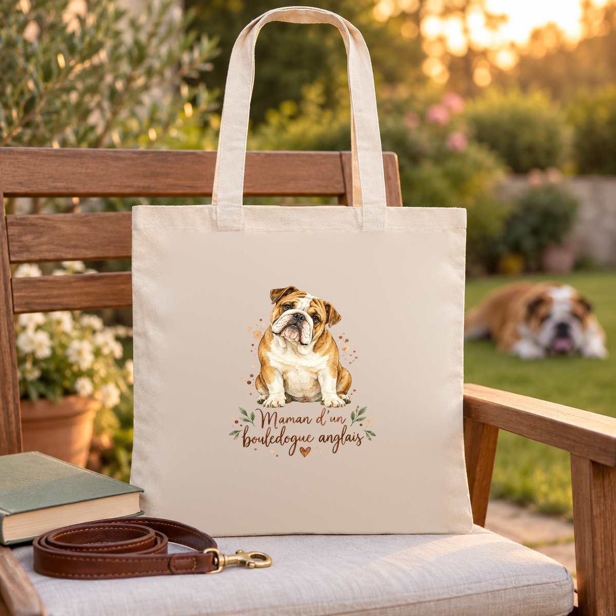 Tote bag bouledogue anglais « Maman d'un bouledogue anglais » Essentiel posé sur un banc de jardin, à côté d'un livre et d'une laisse, un bouledogue anglais dans l'herbe