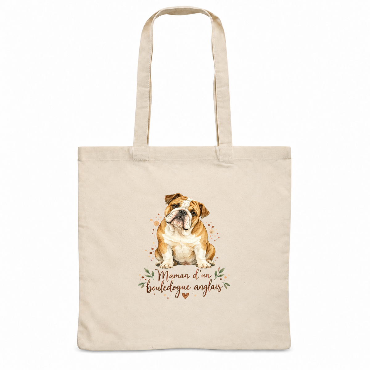 Tote bag bouledogue anglais « Maman d'un bouledogue anglais » Essentiel, sac plat en coton naturel 140 g/m² de 38 × 42 cm, portrait à l'aquarelle d'un bouledogue anglais fauve et blanc assis
