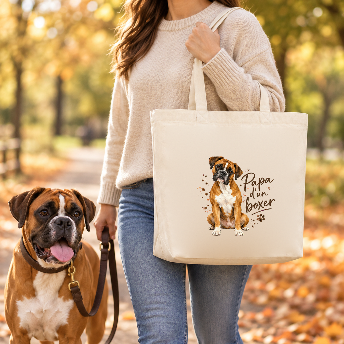 Tote bag boxer « Papa d'un boxer » Premium porté à l'épaule lors d'une balade d'automne, avec son boxer