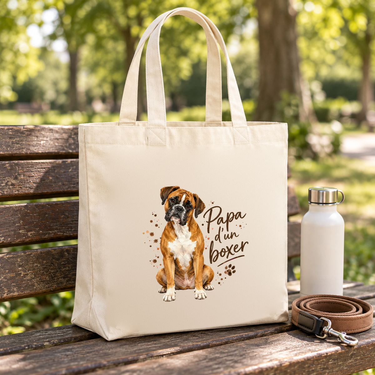 Tote bag boxer « Papa d'un boxer » Premium posé sur un banc de parc, à côté d'une gourde et d'une laisse