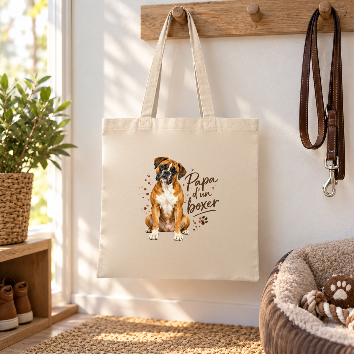 Tote bag boxer « Papa d'un boxer » Essentiel suspendu à une patère d'entrée, à côté d'une laisse et d'un panier