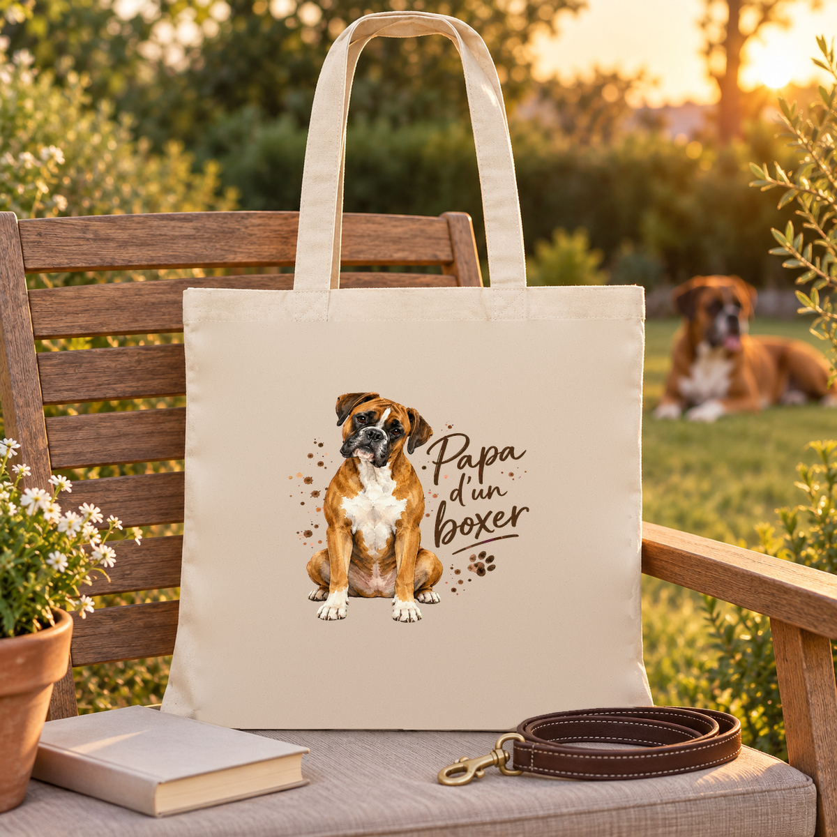 Tote bag boxer « Papa d'un boxer » Essentiel posé sur un banc de jardin, à côté d'un livre et d'une laisse, un boxer dans l'herbe