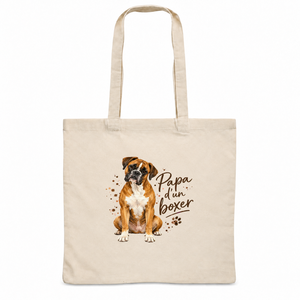 Tote bag boxer « Papa d'un boxer » Essentiel, sac plat en coton naturel 140 g/m² de 38 × 42 cm, portrait à l'aquarelle d'un boxer fauve assis