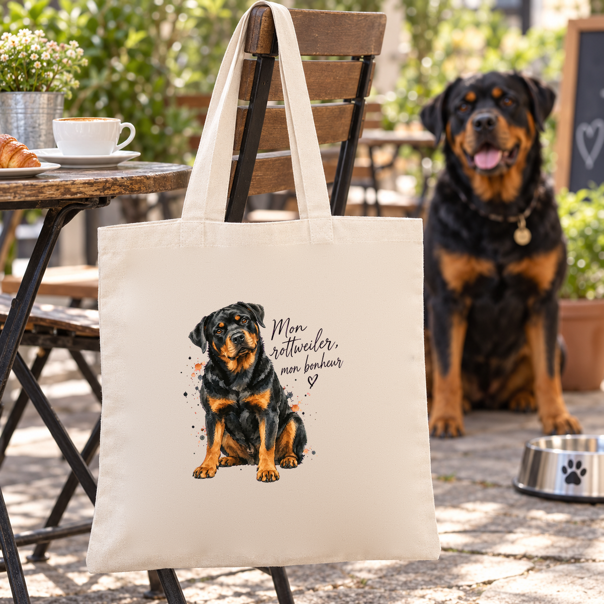 Tote bag rottweiler « Mon rottweiler, mon bonheur » Essentiel suspendu à une chaise de terrasse, un rottweiler assis à côté