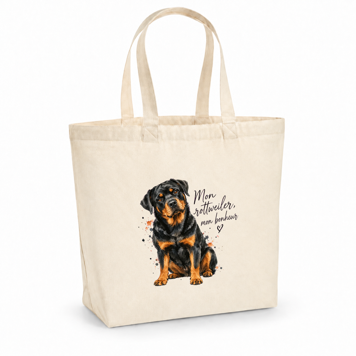 Tote bag rottweiler « Mon rottweiler, mon bonheur » Premium, cabas à soufflet en coton naturel 200 g/m² de 18 litres, portrait à l'aquarelle d'un rottweiler noir et feu assis