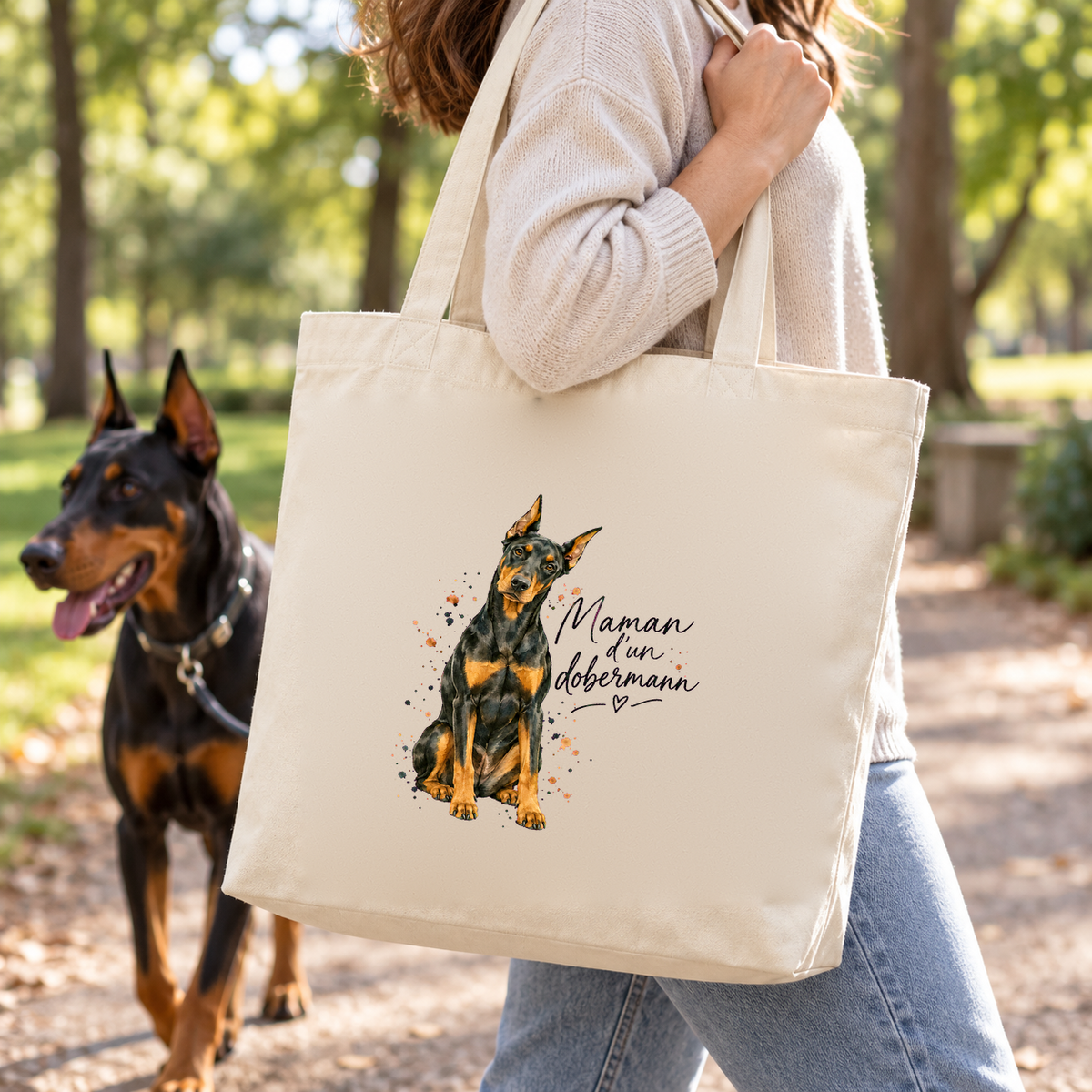 Tote bag dobermann « Maman d'un dobermann » Premium porté à l'épaule en balade dans un parc, avec son dobermann