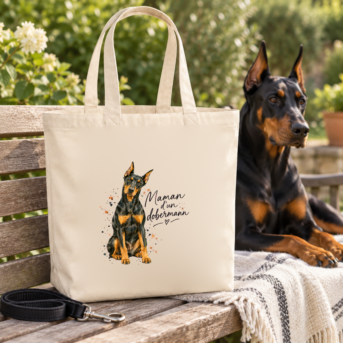 Tote bag dobermann « Maman d'un dobermann » Premium posé sur un banc de jardin à côté d'un dobermann, sur un plaid