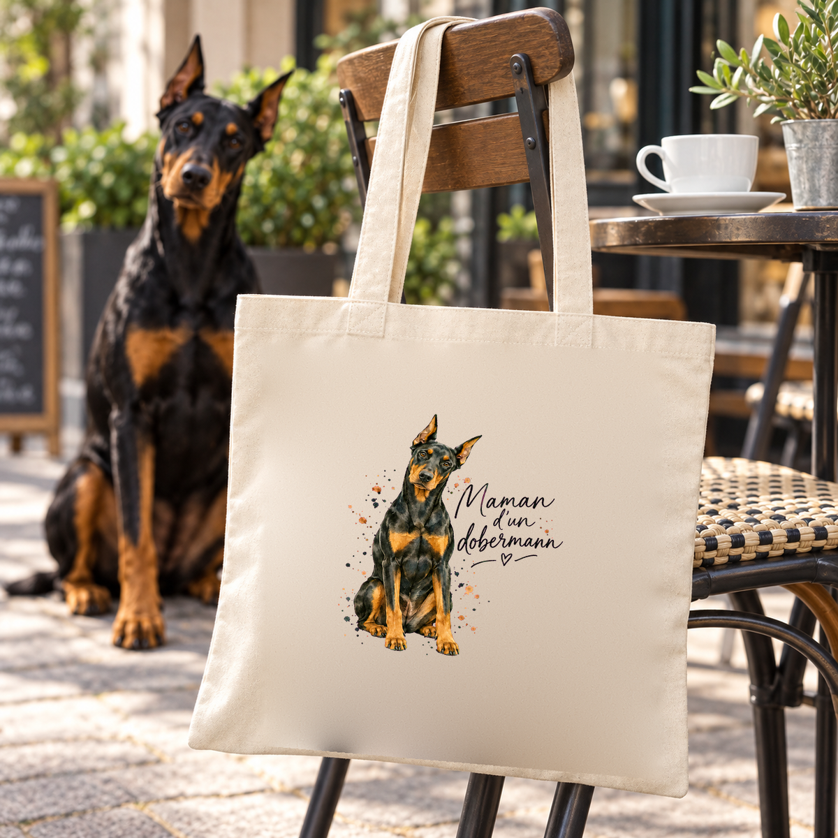 Tote bag dobermann « Maman d'un dobermann » Essentiel suspendu à une chaise de terrasse de café, à côté d'une tasse et d'un dobermann