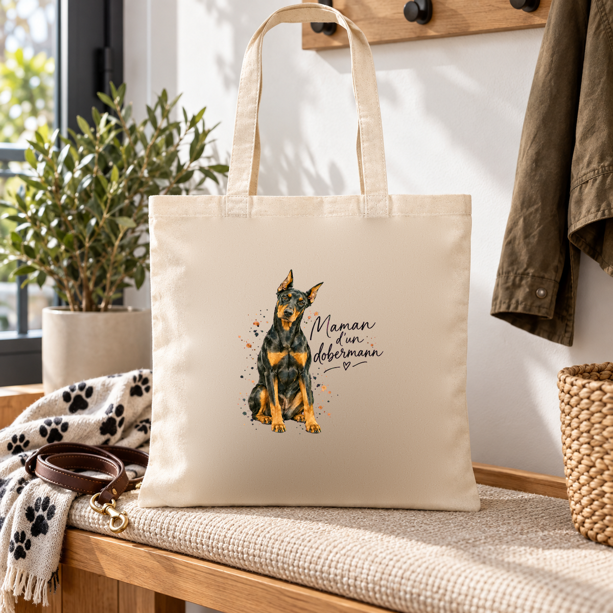 Tote bag dobermann « Maman d'un dobermann » Essentiel posé sur une banquette d'entrée, à côté d'une laisse