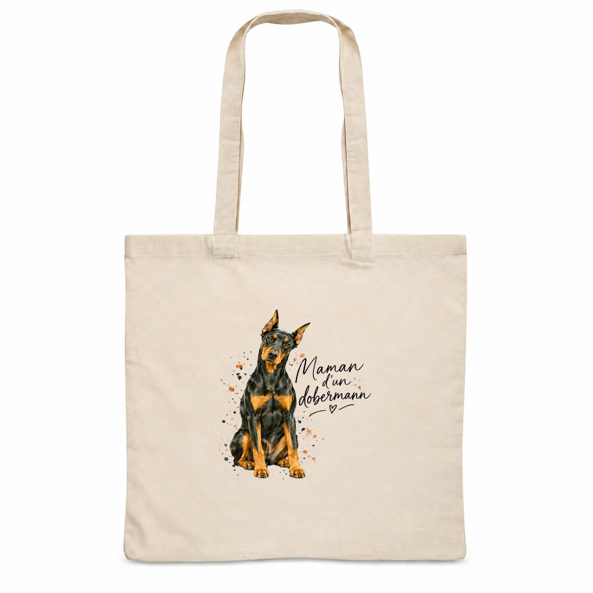Tote bag dobermann « Maman d'un dobermann » Essentiel, sac plat en coton naturel 140 g/m² de 38 × 42 cm, portrait à l'aquarelle d'un dobermann noir et feu assis