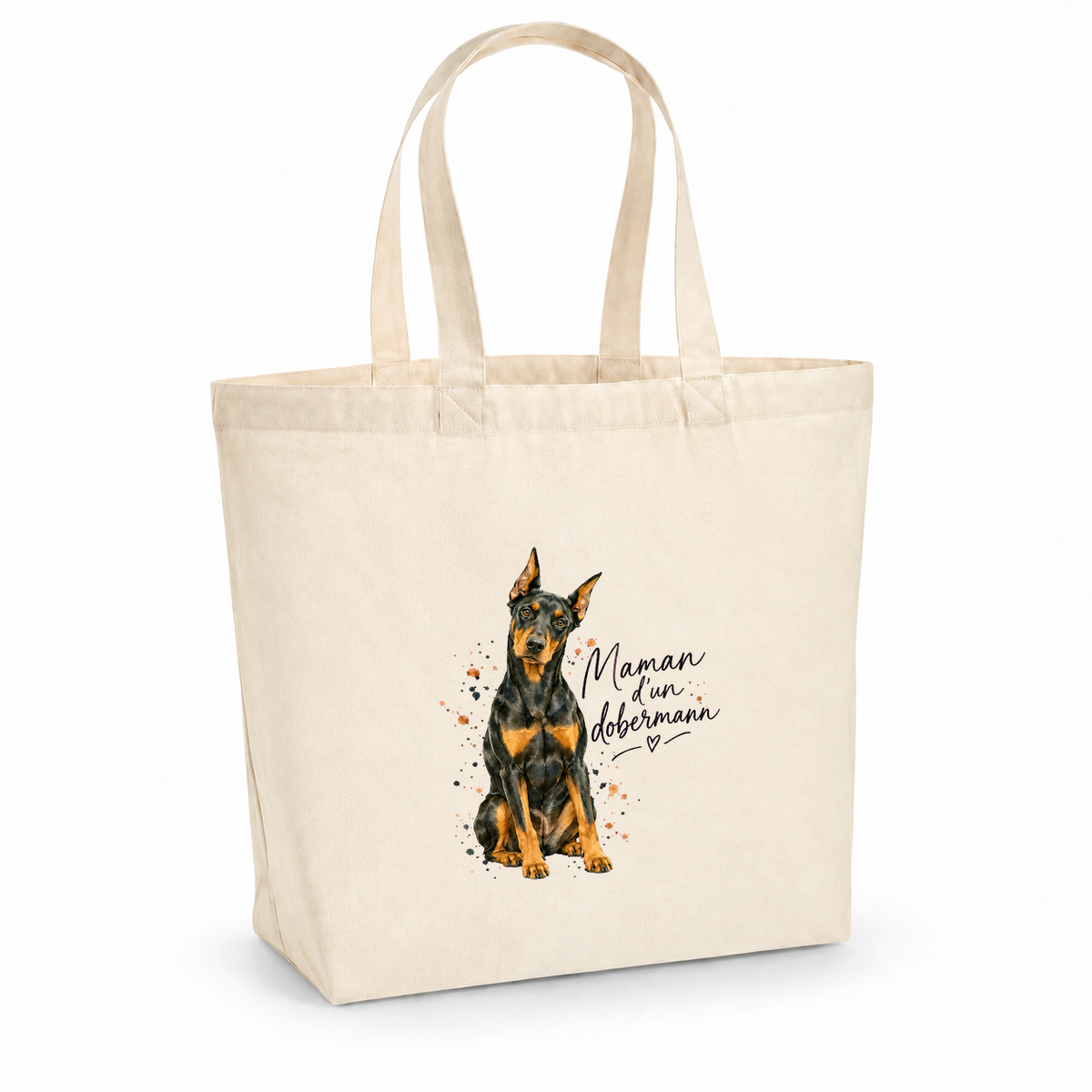 Tote bag dobermann « Maman d'un dobermann » Premium, cabas à soufflet en coton naturel 200 g/m² de 18 litres, portrait à l'aquarelle d'un dobermann noir et feu assis