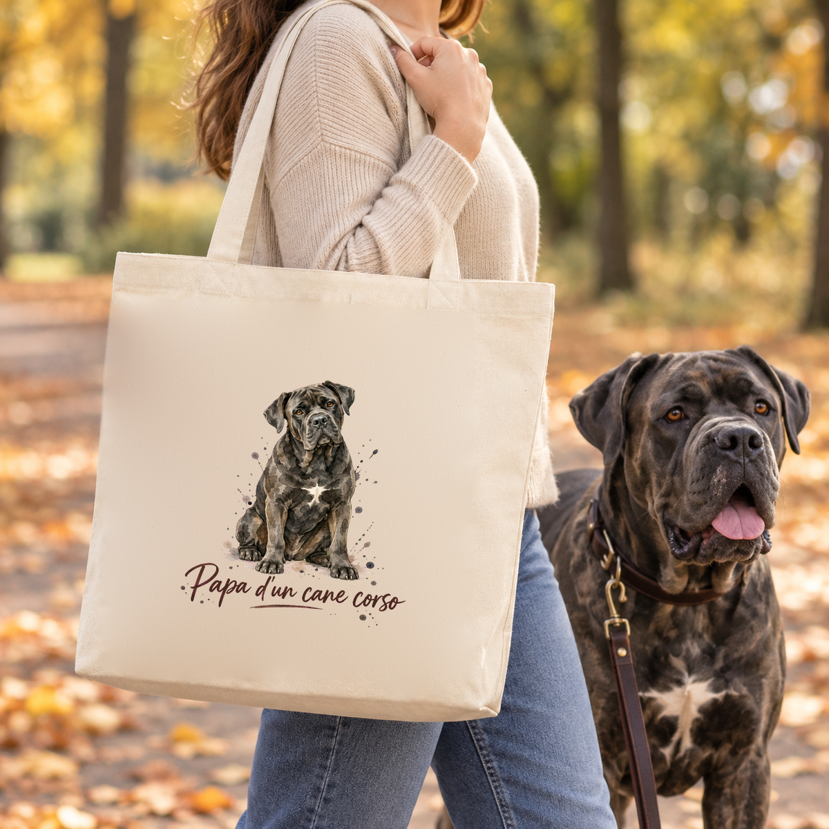 Tote bag cane corso « Papa d'un cane corso » Premium porté à l'épaule lors d'une balade d'automne, avec son cane corso