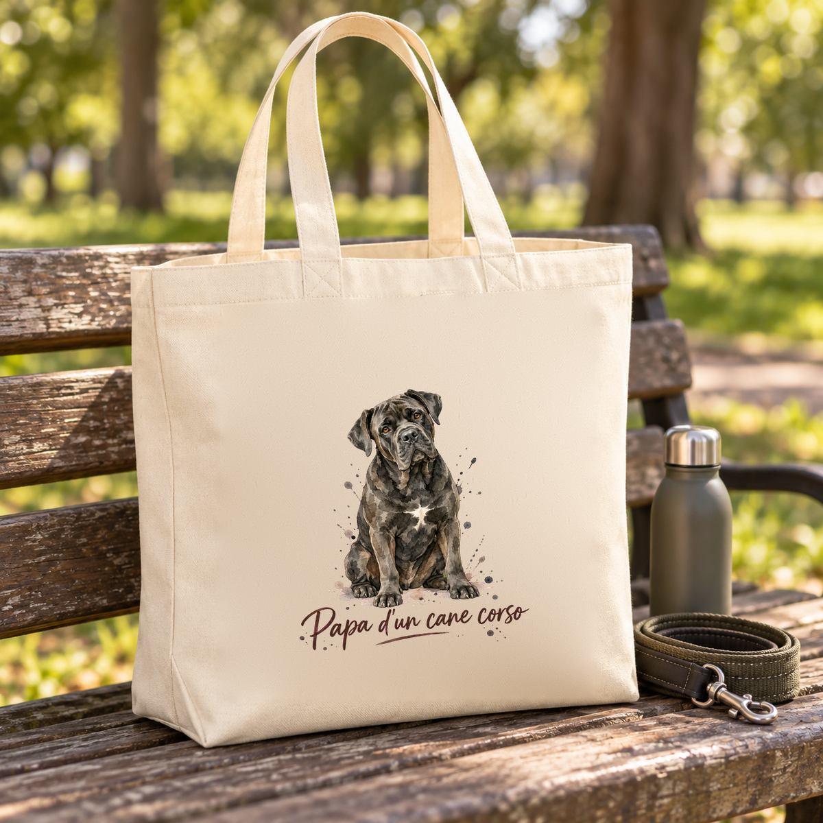Tote bag cane corso « Papa d'un cane corso » Premium posé sur un banc de parc, à côté d'une gourde et d'une laisse