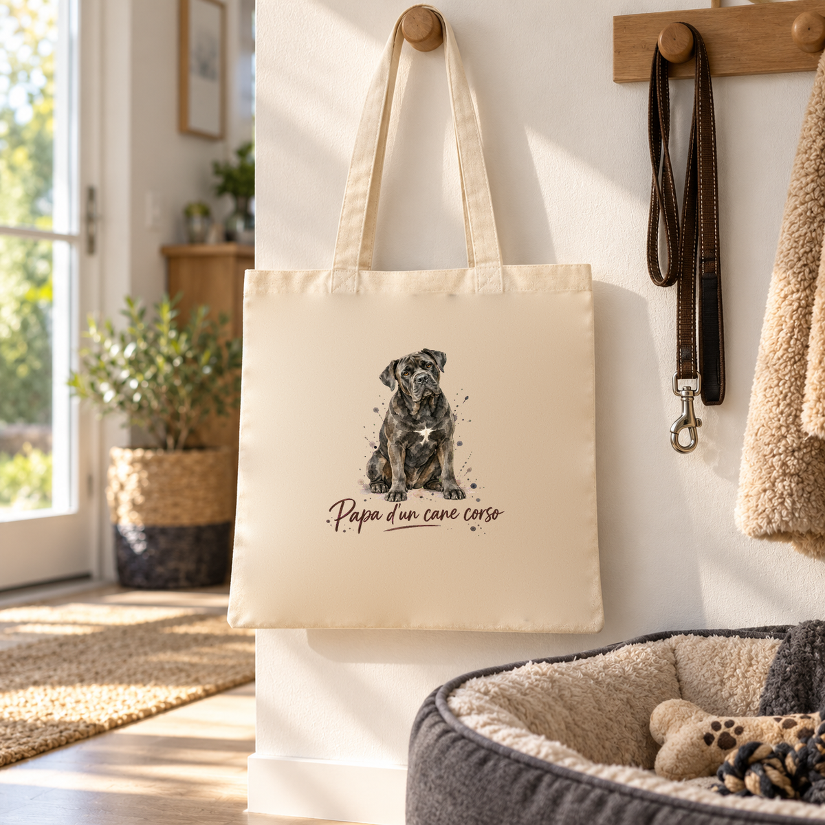Tote bag cane corso « Papa d'un cane corso » Essentiel suspendu à une patère d'entrée, à côté d'une laisse et d'un panier