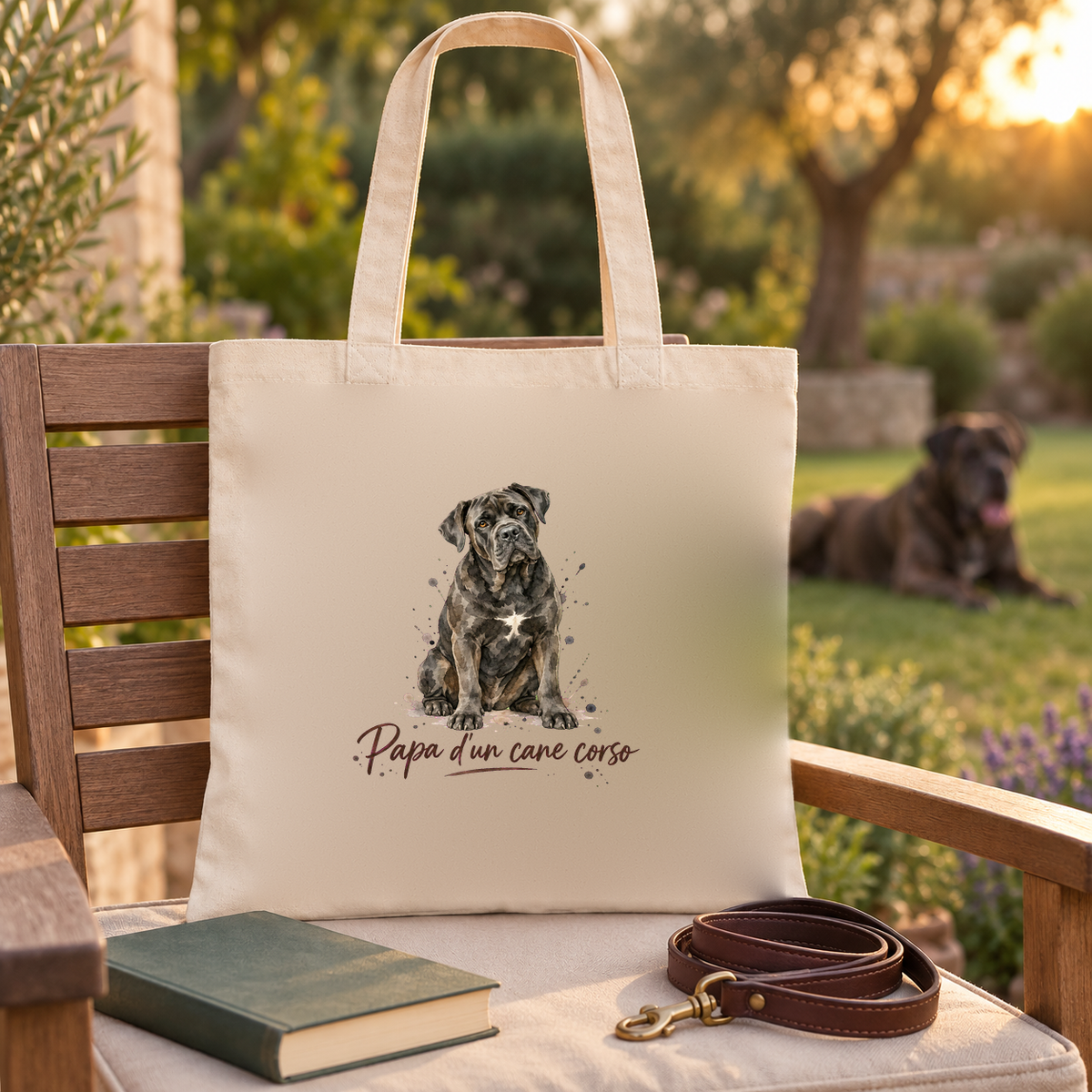 Tote bag cane corso « Papa d'un cane corso » Essentiel posé sur un banc de jardin, à côté d'un livre et d'une laisse, un cane corso dans l'herbe