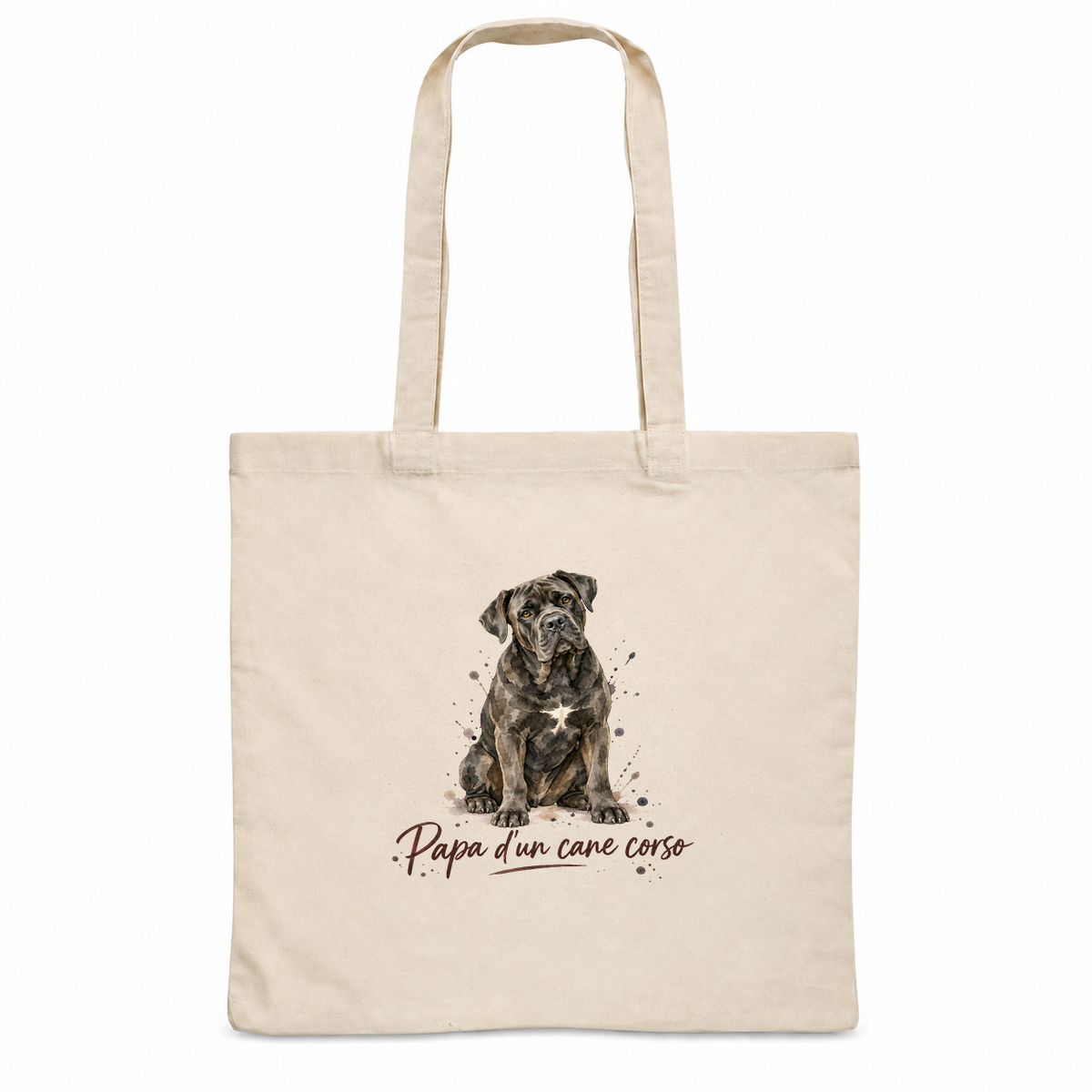 Tote bag cane corso « Papa d'un cane corso » Essentiel, sac plat en coton naturel 140 g/m² de 38 × 42 cm, portrait à l'aquarelle d'un cane corso bringé assis