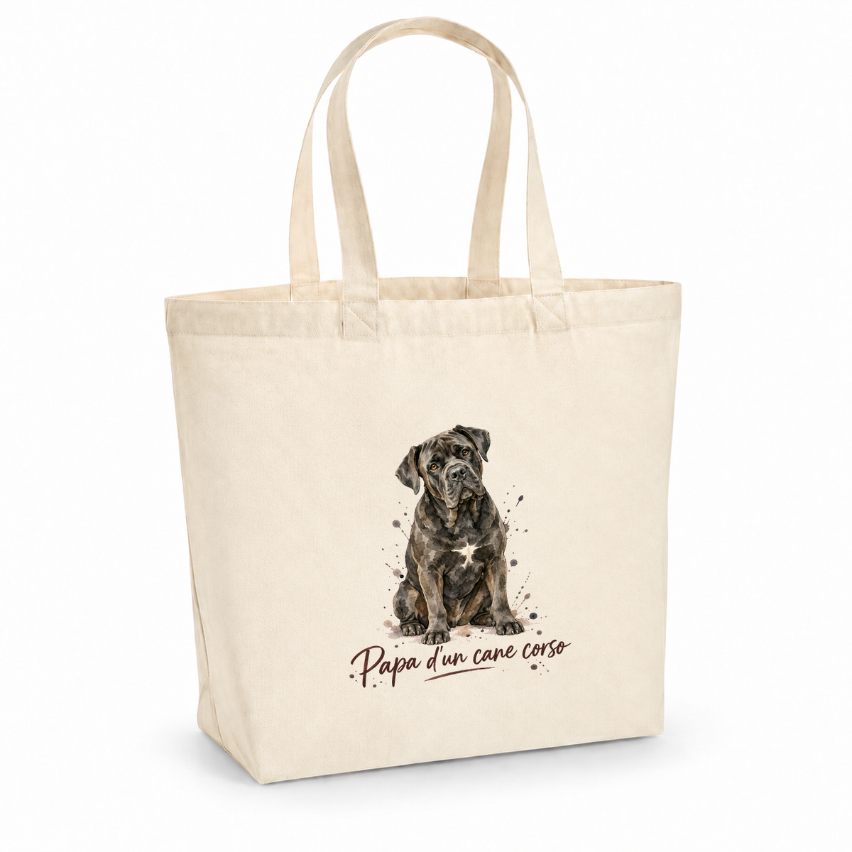 Tote bag cane corso « Papa d'un cane corso » Premium, cabas à soufflet en coton naturel 200 g/m² de 18 litres, portrait à l'aquarelle d'un cane corso bringé assis