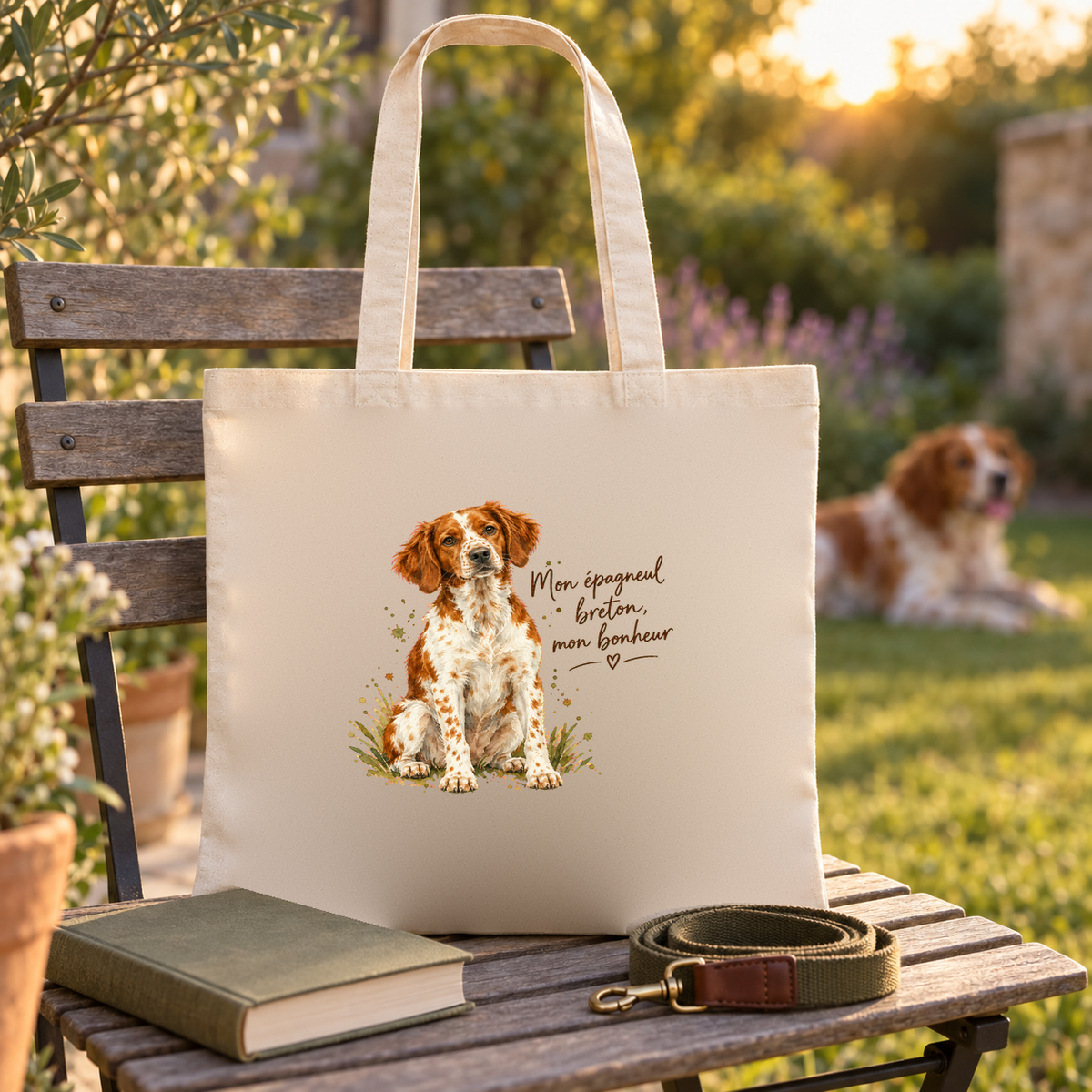 Tote bag épagneul breton « Mon épagneul breton, mon bonheur » Essentiel posé sur un banc de jardin, à côté d'un livre et d'une laisse, un épagneul breton dans l'herbe