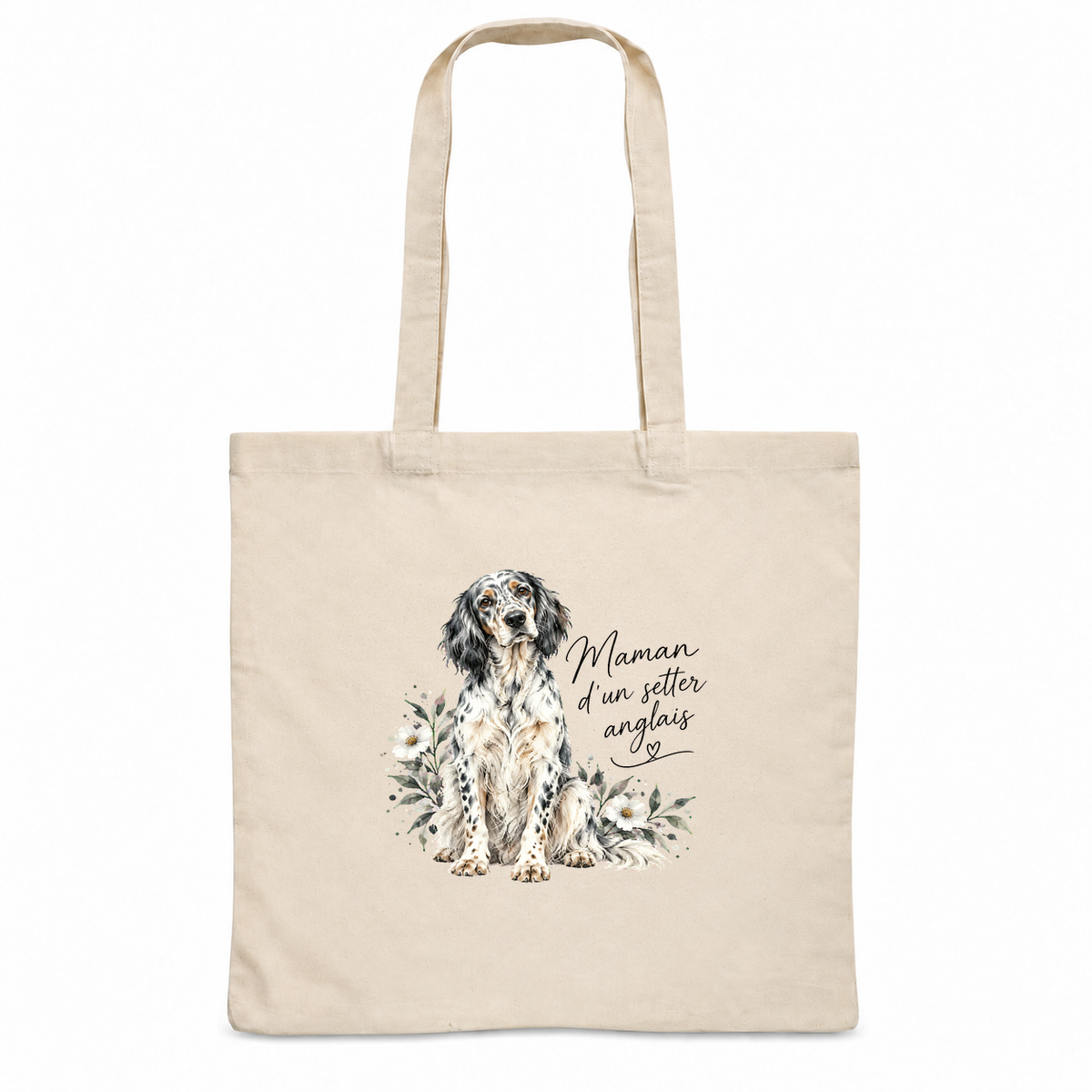Tote bag setter anglais « Maman d'un setter anglais » Essentiel, sac plat en coton naturel 140 g/m² de 38 × 42 cm, portrait à l'aquarelle d'un setter anglais blanc moucheté de noir assis