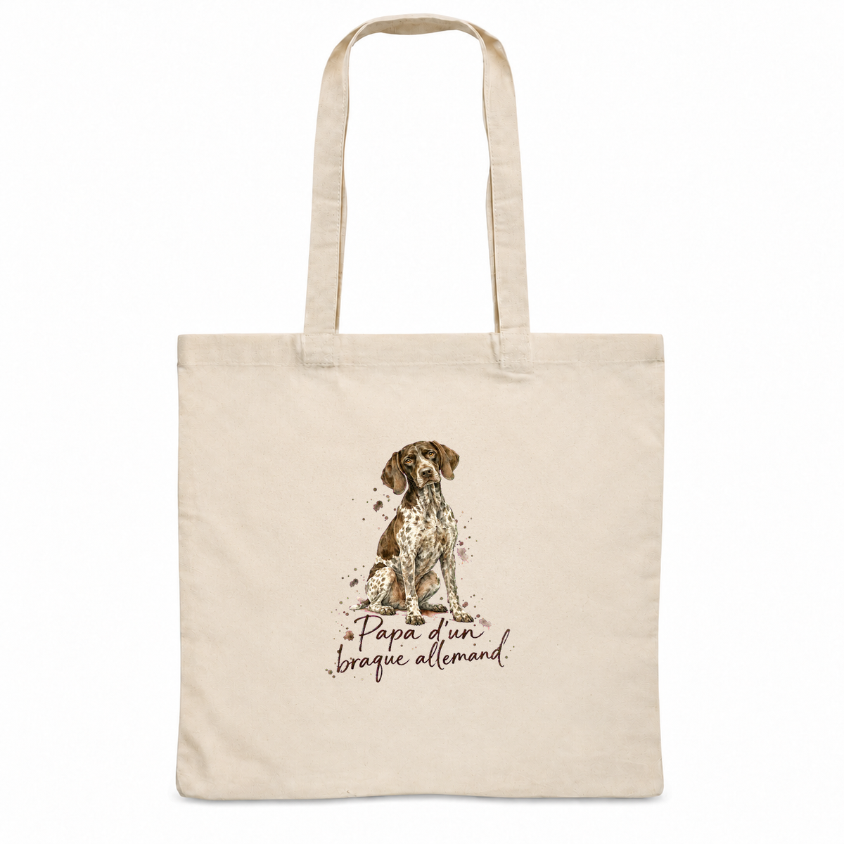 Tote bag braque allemand « Papa d'un braque allemand » Essentiel, sac plat en coton naturel 140 g/m² de 38 × 42 cm, portrait à l'aquarelle d'un braque allemand marron et blanc assis
