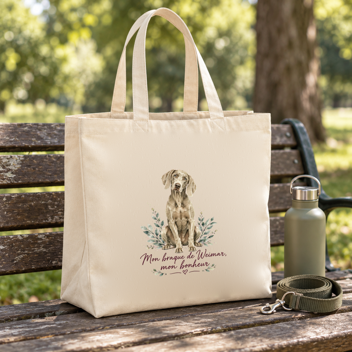Tote bag braque de Weimar « Mon braque de Weimar, mon bonheur » Premium posé sur un banc de parc, à côté d'une gourde et d'une laisse