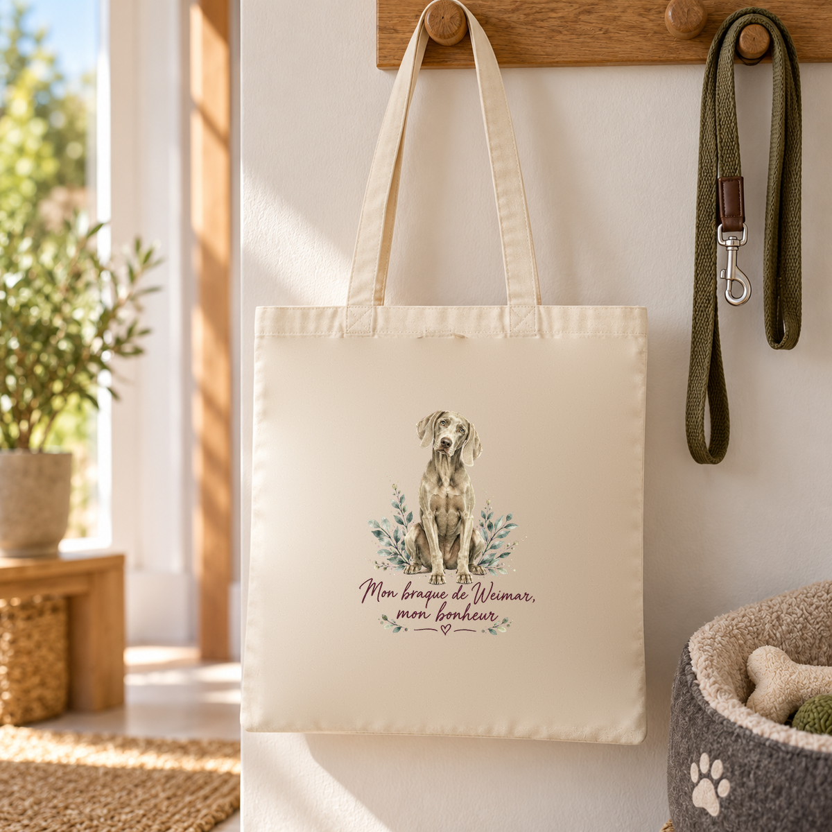 Tote bag braque de Weimar « Mon braque de Weimar, mon bonheur » Essentiel suspendu à une patère d'entrée, à côté d'une laisse et d'un panier