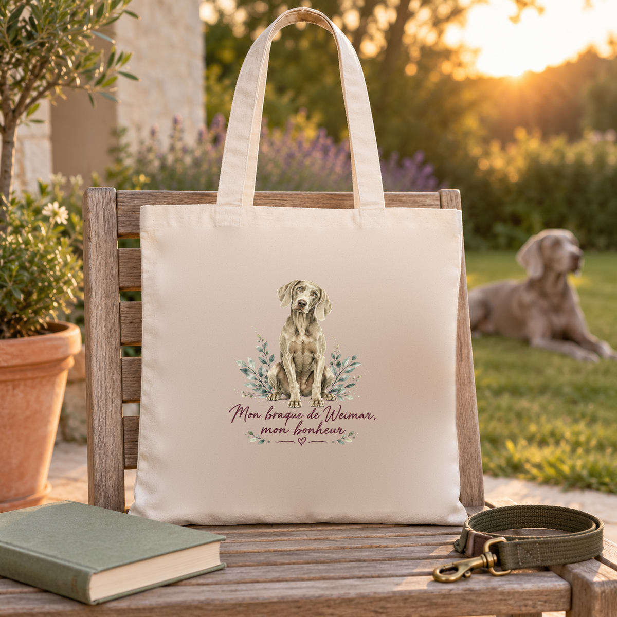 Tote bag braque de Weimar « Mon braque de Weimar, mon bonheur » Essentiel posé sur un banc de jardin, à côté d'un livre et d'une laisse, un braque de Weimar dans l'herbe