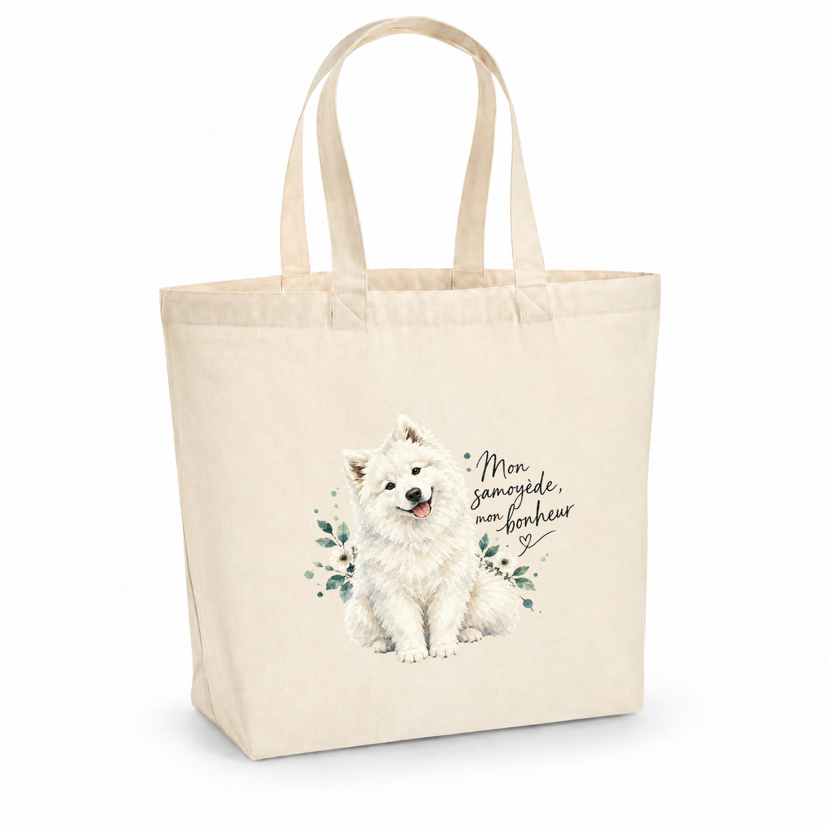 Tote bag samoyède « Mon samoyède, mon bonheur » Premium, cabas à soufflet en coton naturel 200 g/m² de 18 litres, portrait à l'aquarelle d'un samoyède blanc assis