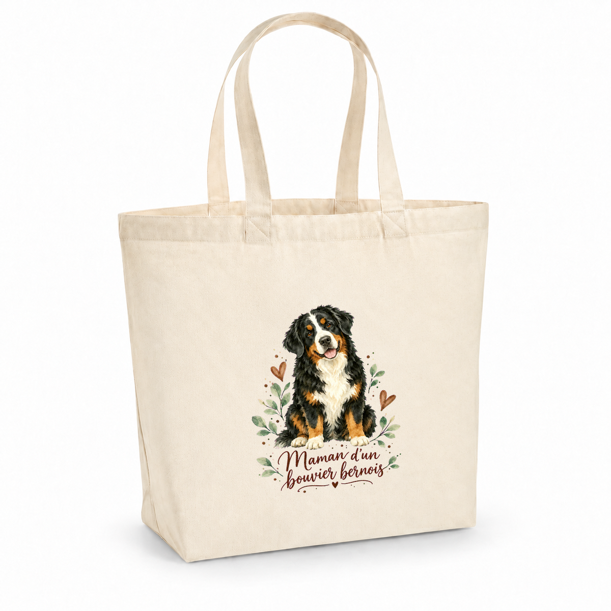 Tote bag bouvier bernois « Maman d'un bouvier bernois » Premium, cabas à soufflet en coton naturel 200 g/m² de 18 litres, portrait à l'aquarelle d'un bouvier bernois assis