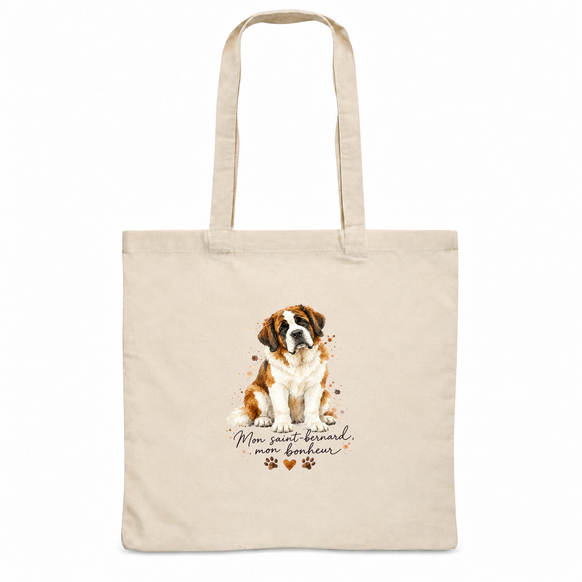 Tote bag saint-bernard « Mon saint-bernard, mon bonheur » Essentiel, sac plat en coton naturel 140 g/m² de 38 × 42 cm, portrait à l'aquarelle d'un saint-bernard assis