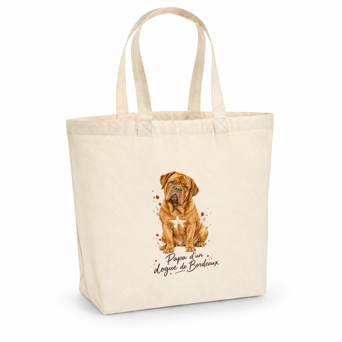 Tote bag dogue de Bordeaux « Papa d'un dogue de Bordeaux » Premium, cabas à soufflet en coton naturel 200 g/m² de 18 litres, portrait à l'aquarelle d'un dogue de Bordeaux assis