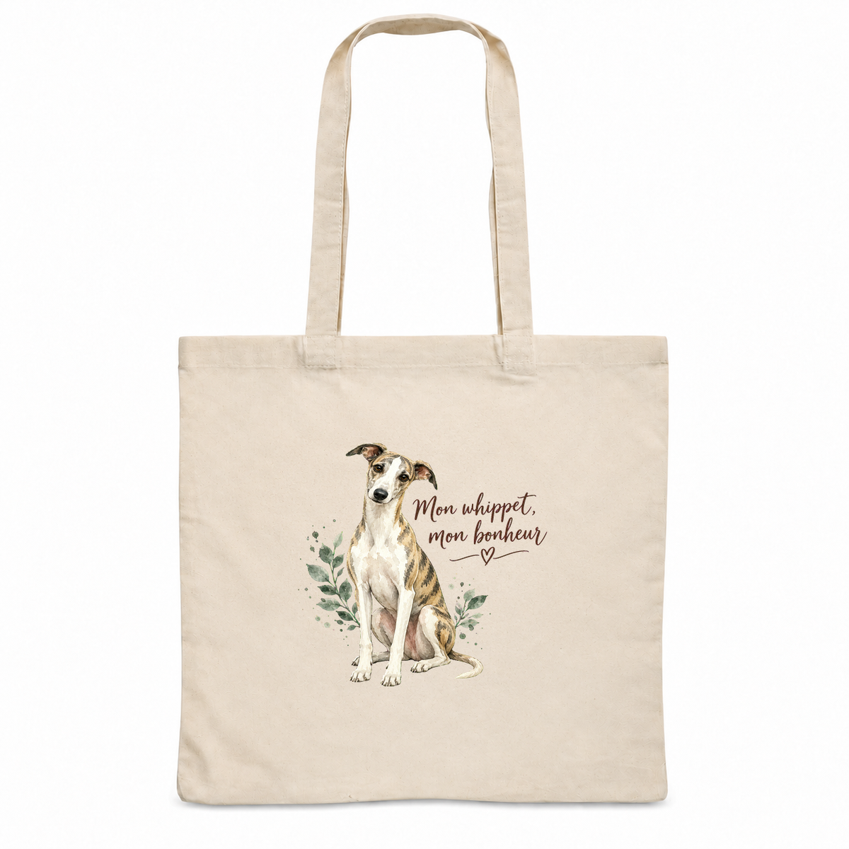Tote bag whippet « Mon whippet, mon bonheur » Essentiel, sac plat en coton naturel 140 g/m² de 38 × 42 cm, portrait à l'aquarelle d'un whippet bringé et blanc assis