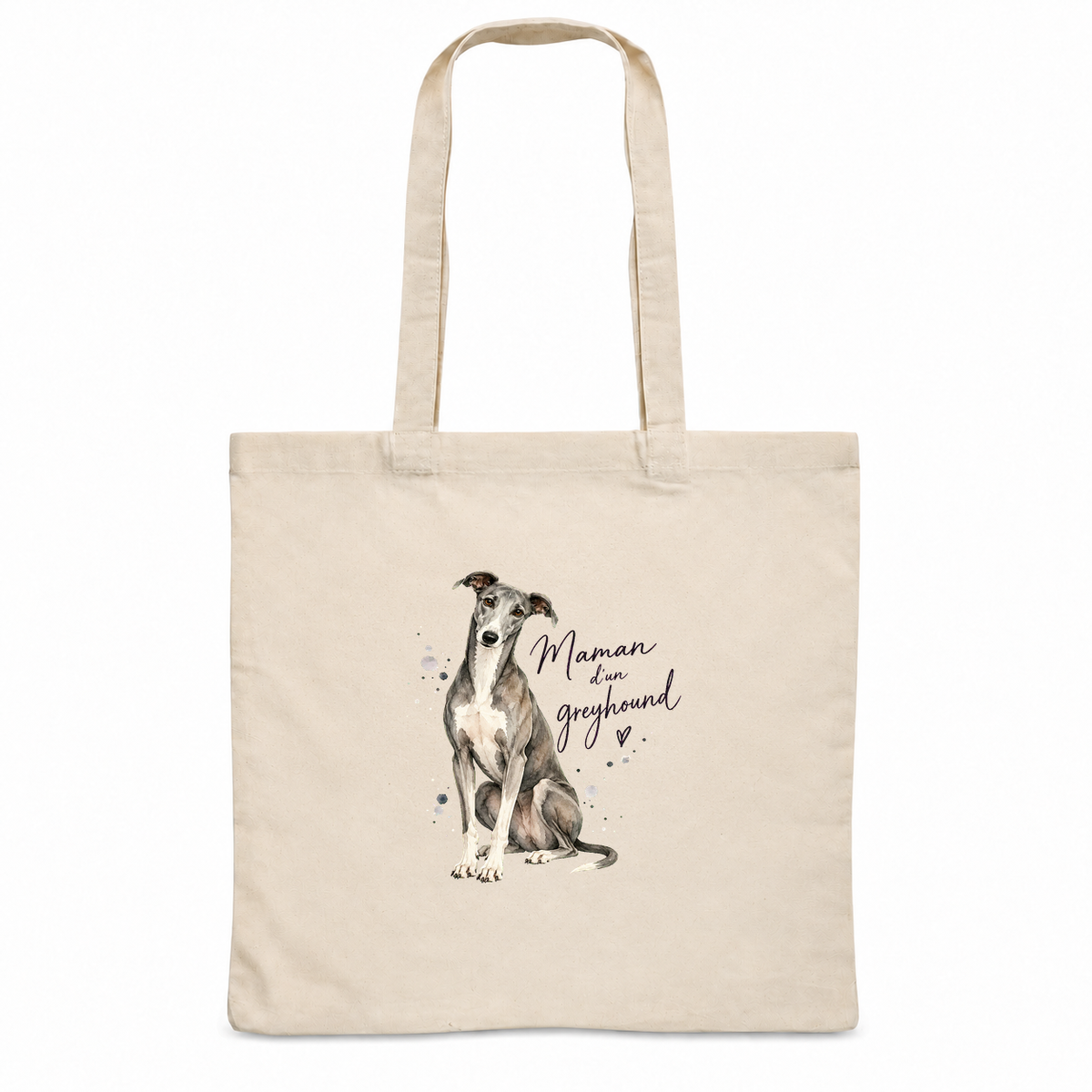 Tote bag greyhound « Maman d'un greyhound » Essentiel, sac plat en coton naturel 140 g/m² de 38 × 42 cm, portrait à l'aquarelle d'un greyhound gris assis