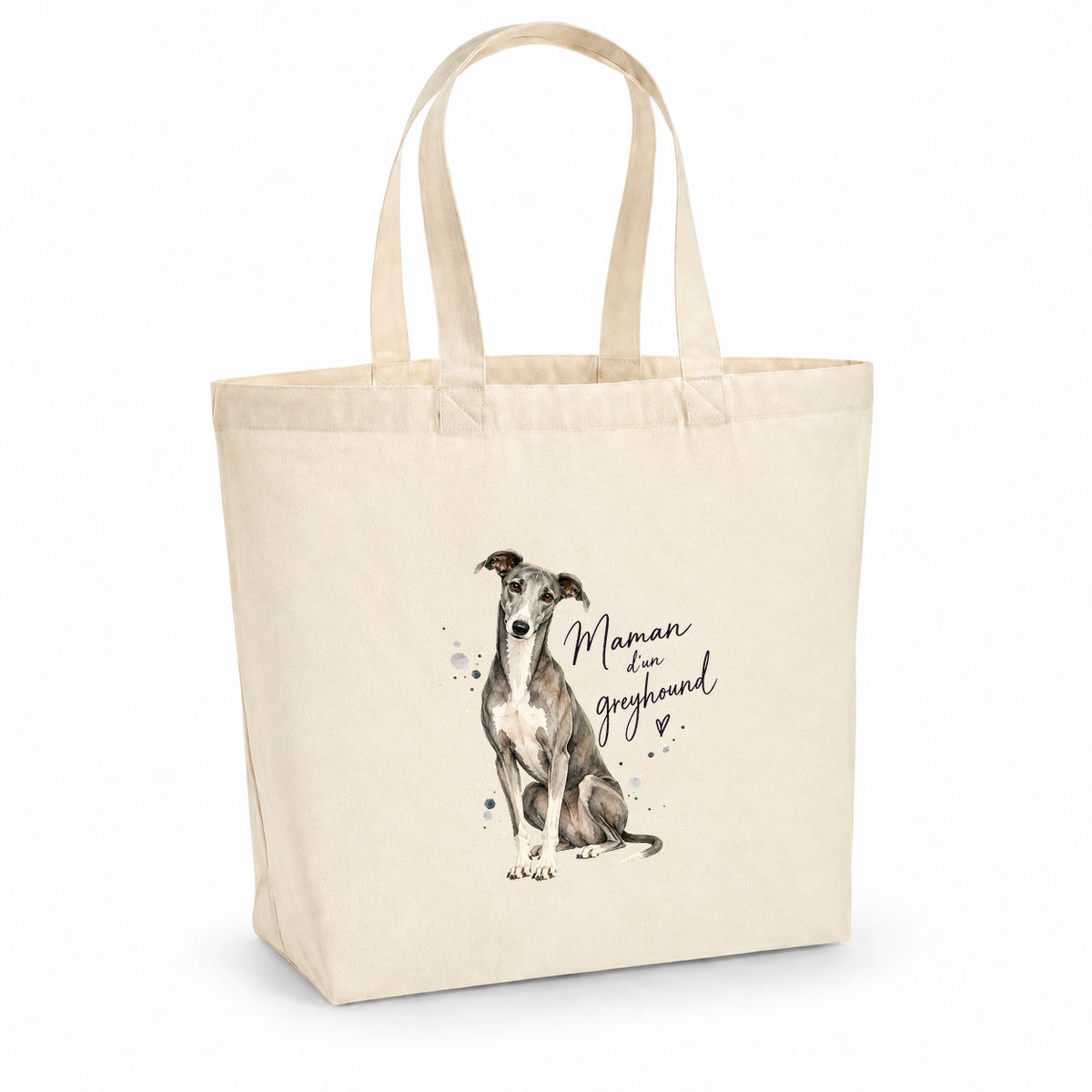 Tote bag greyhound « Maman d'un greyhound » Premium, cabas à soufflet en coton naturel 200 g/m² de 18 litres, portrait à l'aquarelle d'un greyhound gris assis
