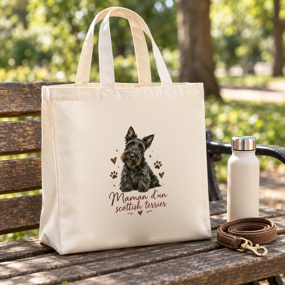 Tote bag scottish terrier « Maman d'un scottish terrier » Premium posé sur un banc de parc, à côté d'une gourde et d'une laisse