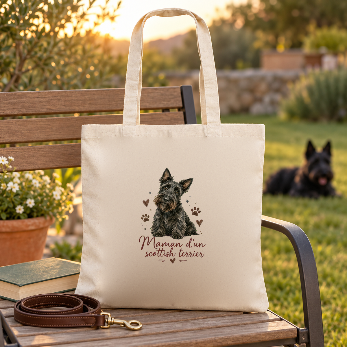 Tote bag scottish terrier « Maman d'un scottish terrier » Essentiel posé sur un banc de jardin, à côté d'un livre et d'une laisse, un scottish terrier dans l'herbe