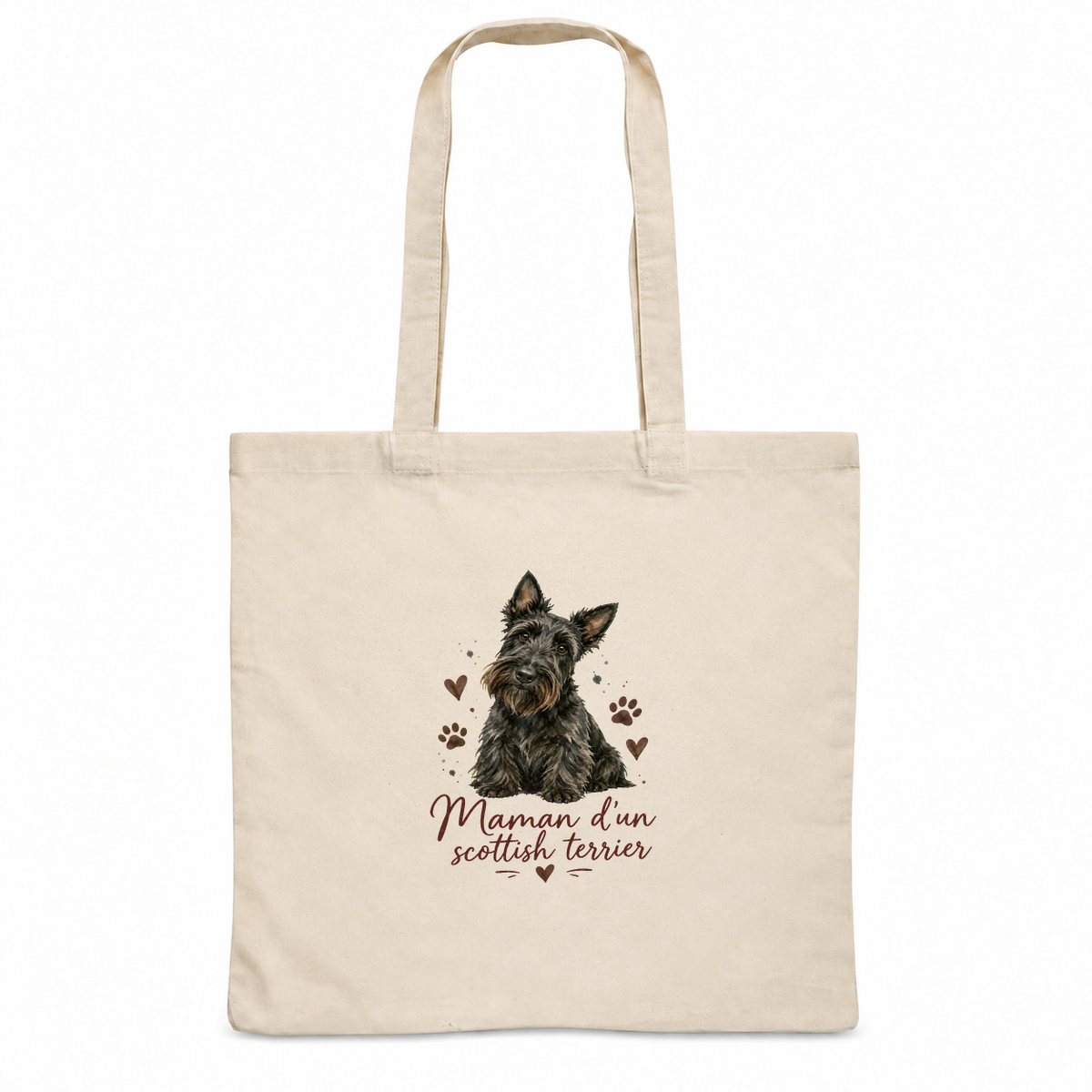 Tote bag scottish terrier « Maman d'un scottish terrier » Essentiel, sac plat en coton naturel 140 g/m² de 38 × 42 cm, portrait à l'aquarelle d'un scottish terrier noir assis