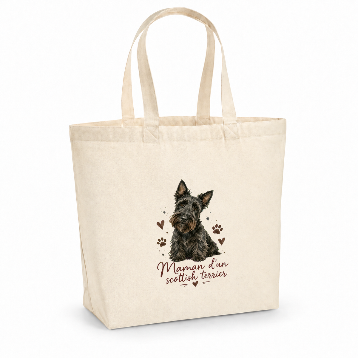 Tote bag scottish terrier « Maman d'un scottish terrier » Premium, cabas à soufflet en coton naturel 200 g/m² de 18 litres, portrait à l'aquarelle d'un scottish terrier noir assis