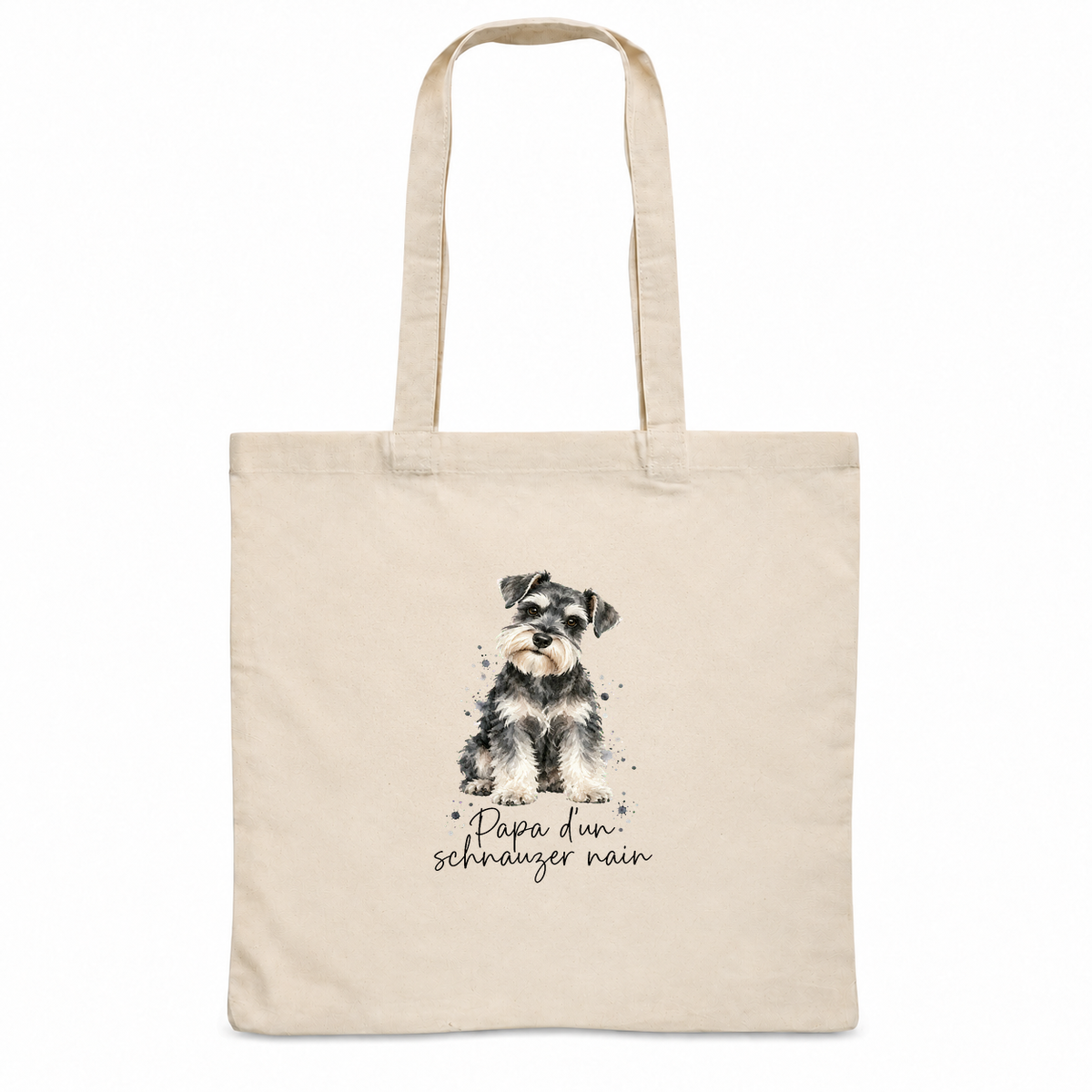 Tote bag schnauzer nain « Papa d'un schnauzer nain » Essentiel, sac plat en coton naturel 140 g/m² de 38 × 42 cm, portrait à l'aquarelle d'un schnauzer nain poivre et sel assis