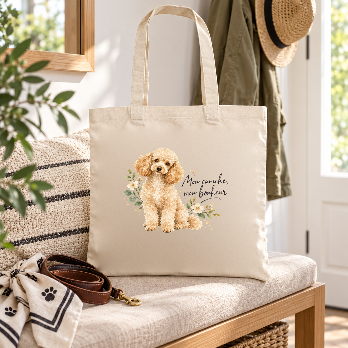 Tote bag caniche « Mon caniche, mon bonheur » Essentiel posé sur une banquette d'entrée, à côté d'une laisse et d'un bandana