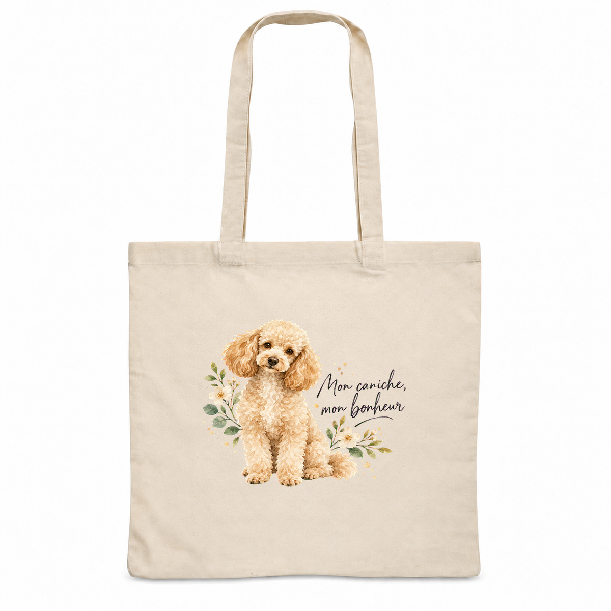 Tote bag caniche « Mon caniche, mon bonheur » Essentiel, sac plat en coton naturel 140 g/m² de 38 × 42 cm, portrait à l'aquarelle d'un caniche abricot assis